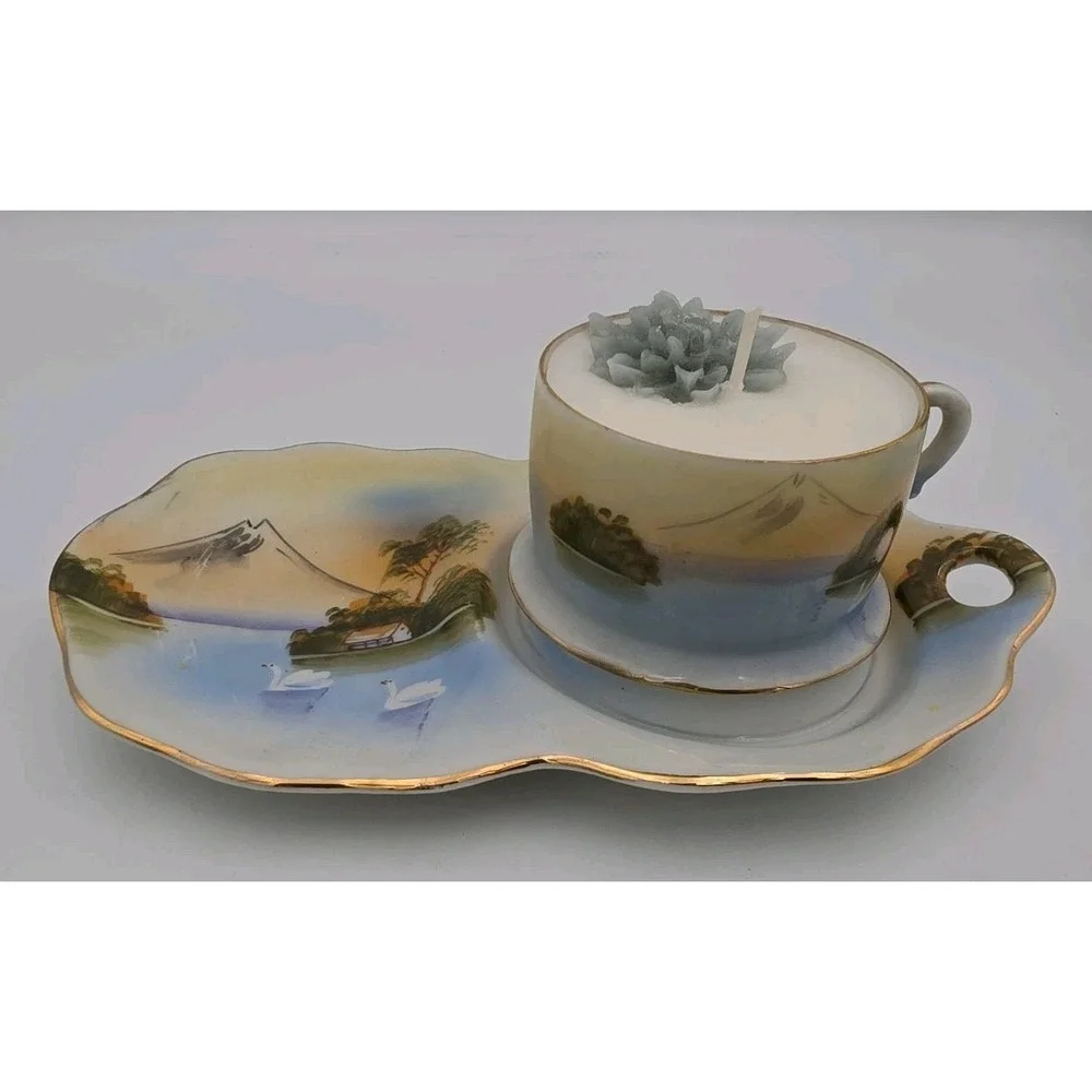 Vintage Japanese Eggshell Porcelain Mount Fuji Cup Snack Plate Set with Candle
